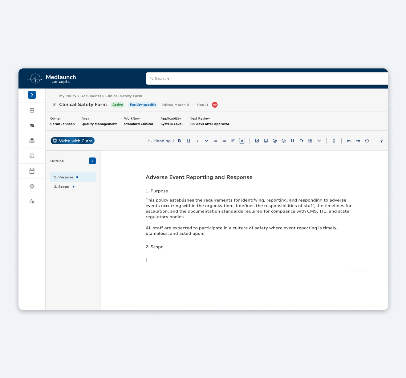 Policy editor with rich text controls and document workspace