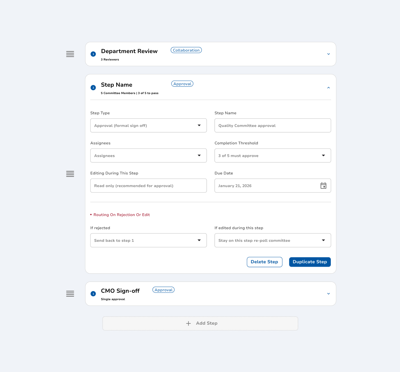 Approval workflow step editor with custom approval routing