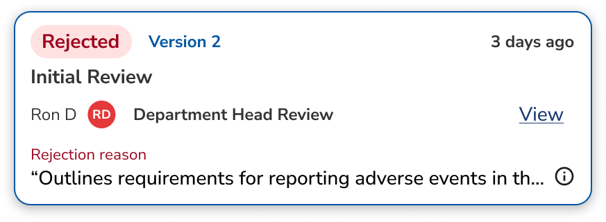 Rejected review card with version and reviewer feedback