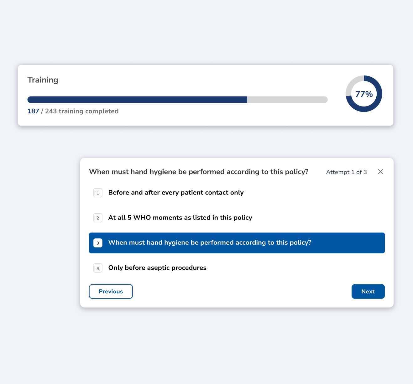 Training completion progress and acknowledgment quiz