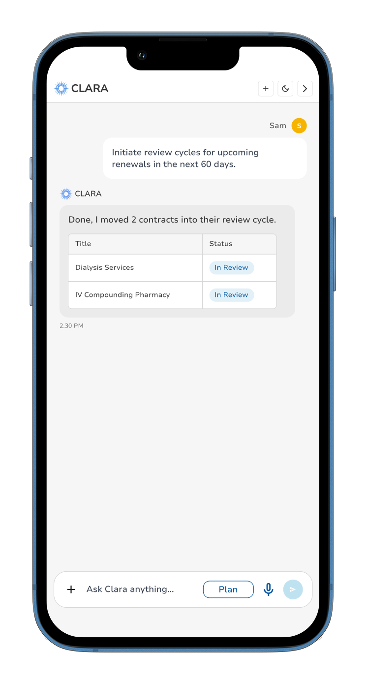 Clara initiates contract review cycles on mobile