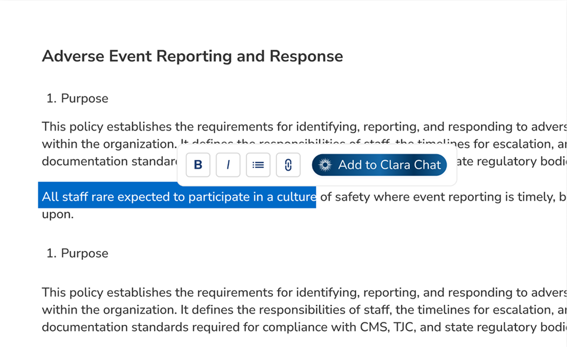 Policy editor text highlighted with Add to Clara Chat action