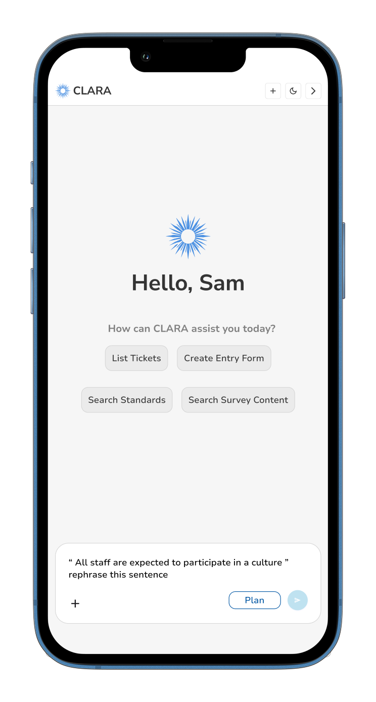 Clara mobile chat prompt for rephrasing selected policy text