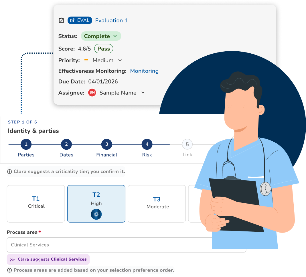 A completed vendor evaluation record showing its status, weighted score, priority, due date and assignee, above a six-step contract intake form with a criticality tier selected