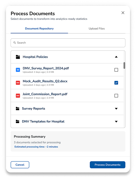 Process documents repository modal