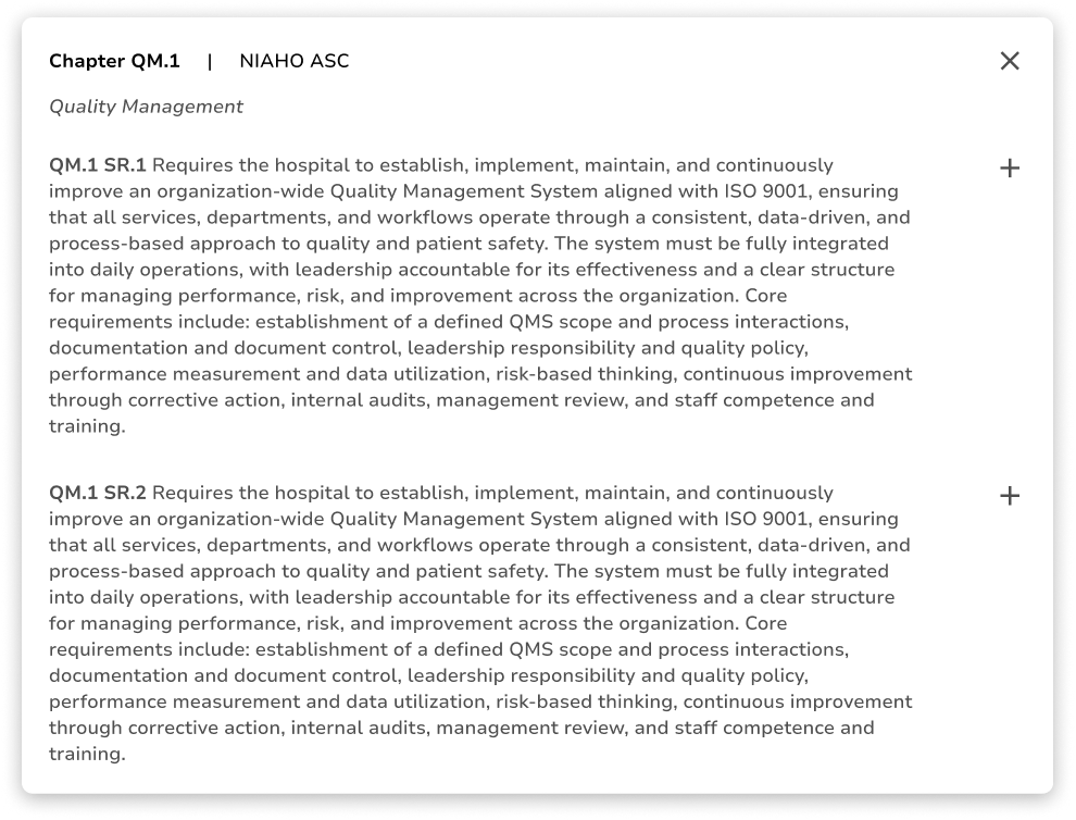 Policy standards reference panel with chapter details
