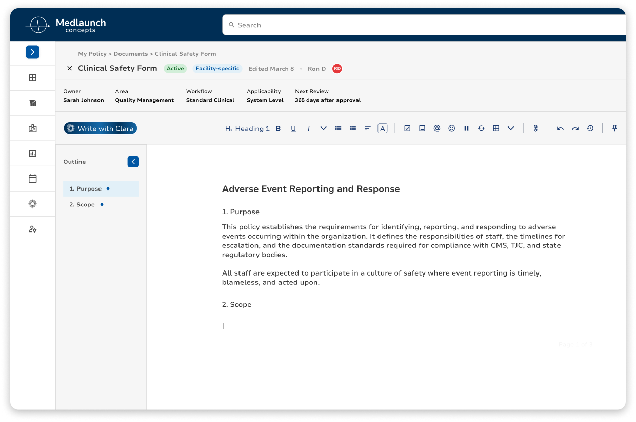 Policy editor with document properties and rich text controls