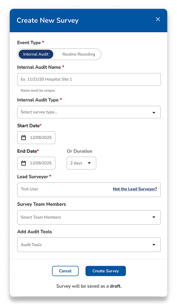 Create new internal audit survey form