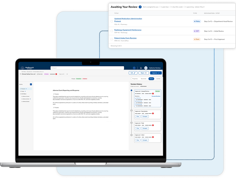 MyPolicy approval dashboard shown on a laptop
