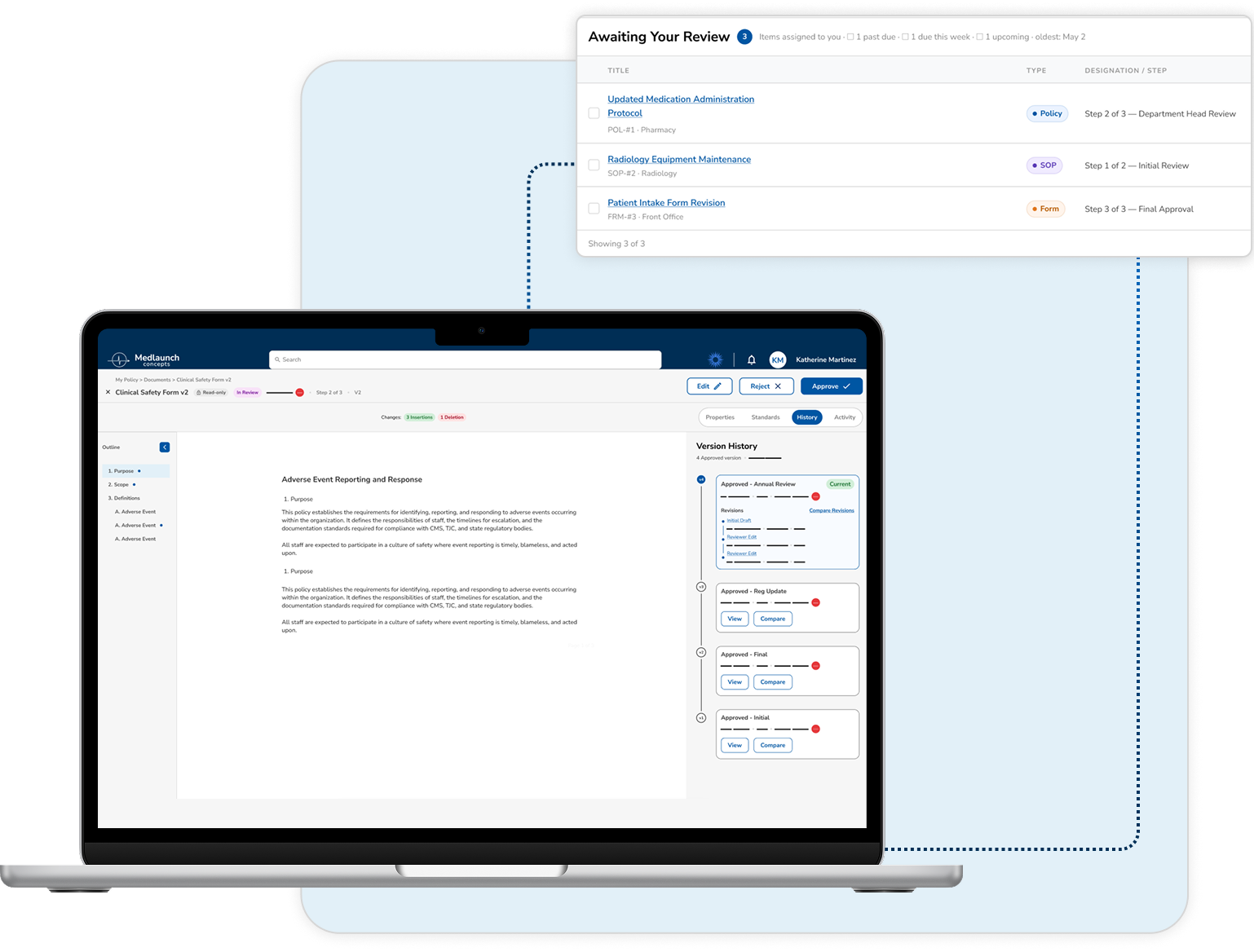 MyPolicy approval dashboard shown on a laptop