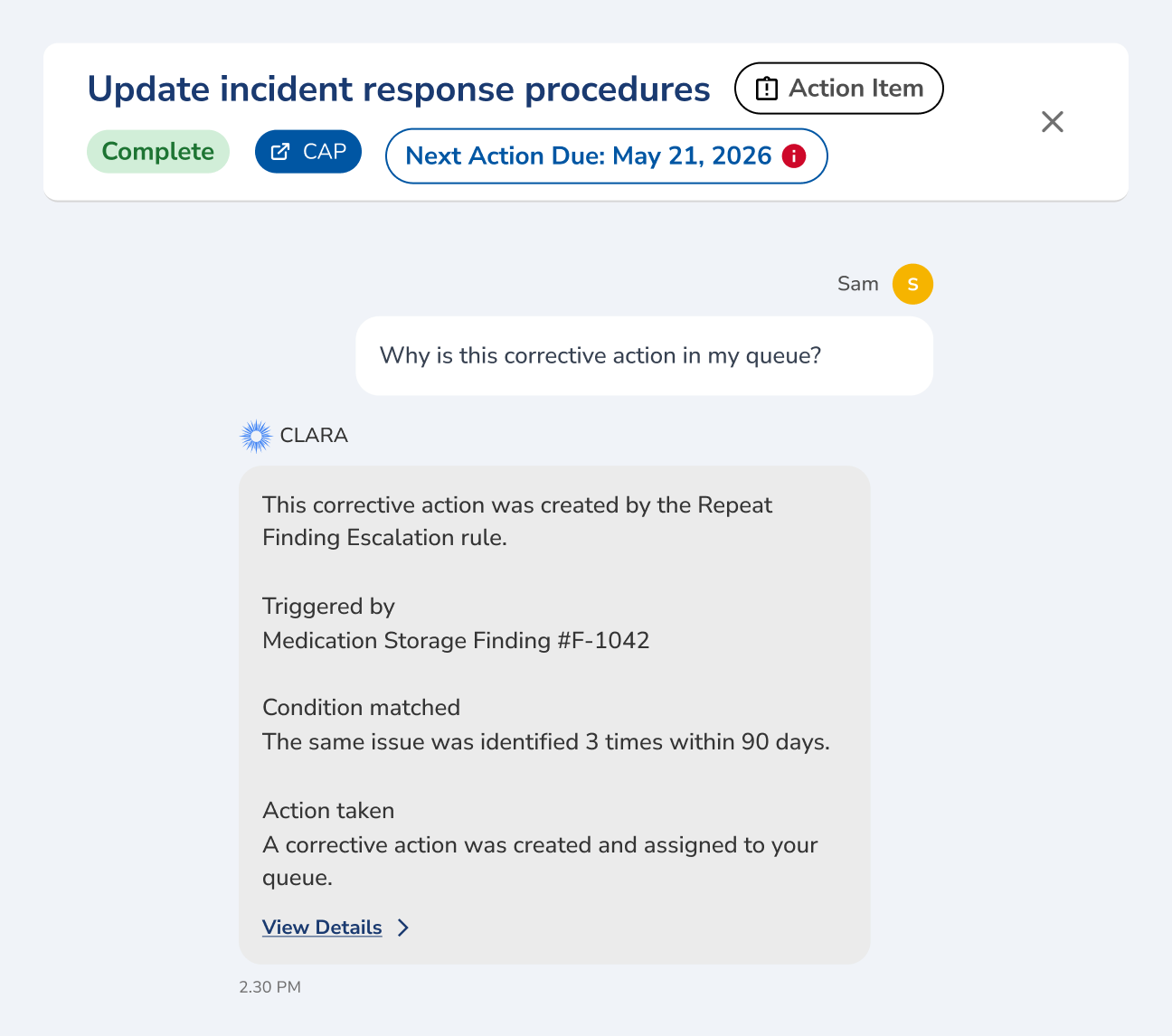 Completed action item titled Update incident response procedures, with a Clara reply naming the rule that created the corrective action, the finding that triggered it and the condition that matched