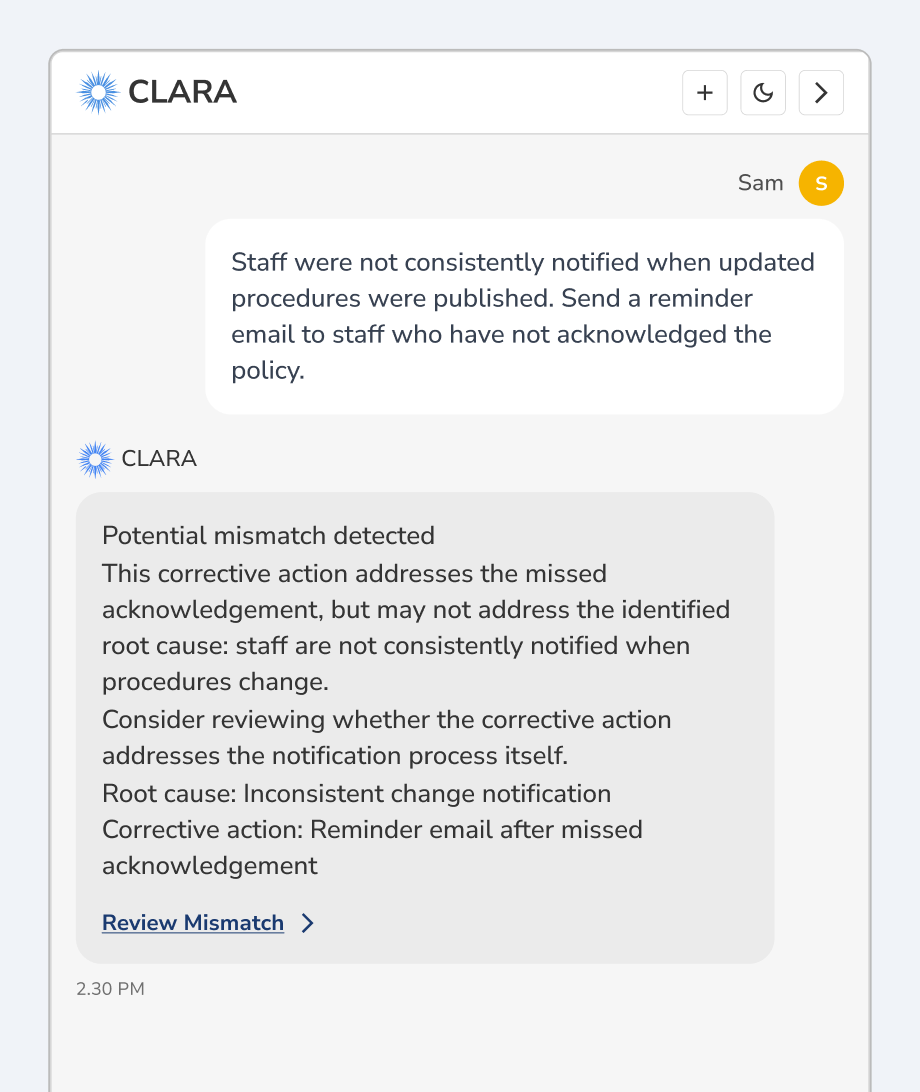 Clara side panel: a user message asking for a reminder email to staff who have not acknowledged a policy, and Clara's reply headed "Potential mismatch detected", listing the root cause and the corrective action above a Review Mismatch link