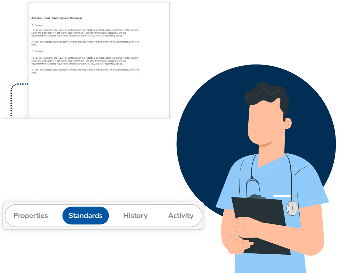 A clinician beside a policy open on its Standards tab: the QM.1 Quality Management requirement text on the left, and a Standards panel listing the confirmed and suggested citations matched to that section