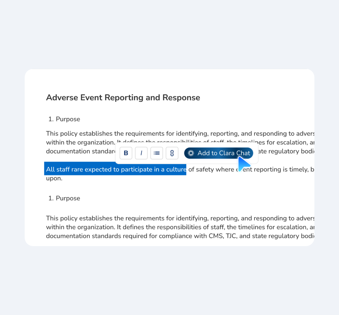 Policy text highlighted with Add to Clara Chat action