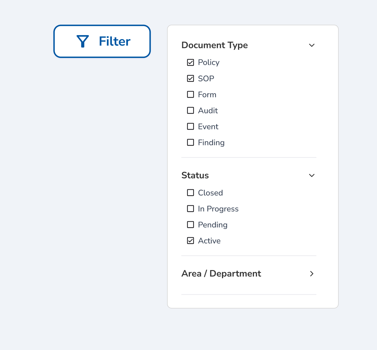 Library filter panel with a Document Type facet (Policy and SOP ticked), a Status facet (Active ticked) and a collapsed Area / Department facet