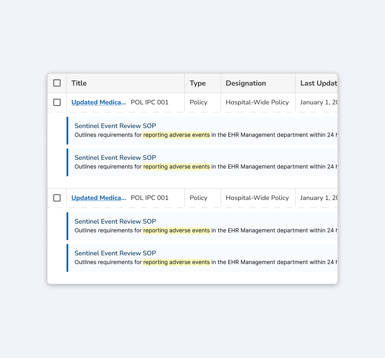 Policy search results where each row is expanded to show the passage that matched, with the searched phrase highlighted inside the surrounding sentence