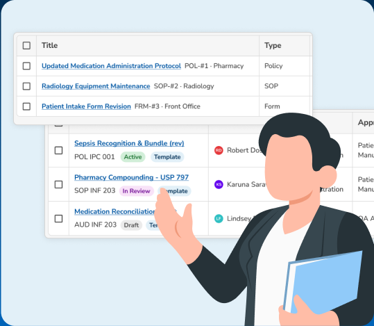 Document control dashboard with policy tables and reviewer illustration