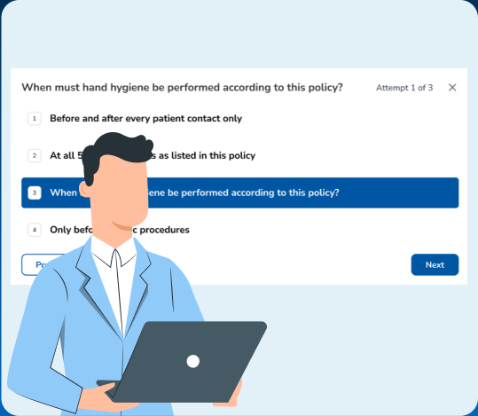 AI-powered quiz interface with laptop user illustration