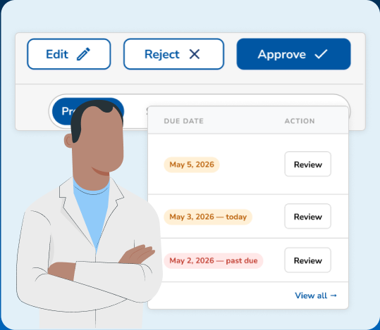 Review actions and due date list with clinician illustration