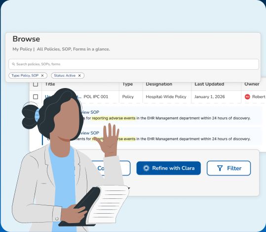 Browse policies search interface with Clara refinement action