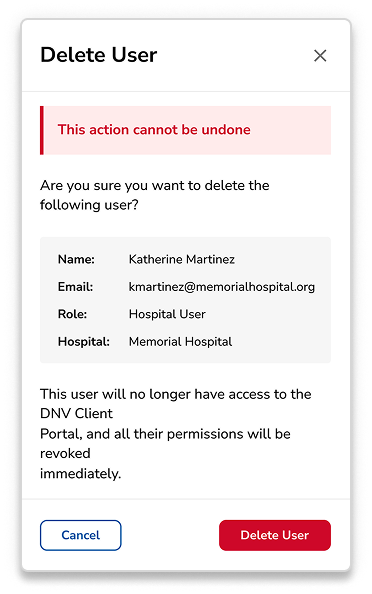 Delete user confirmation modal