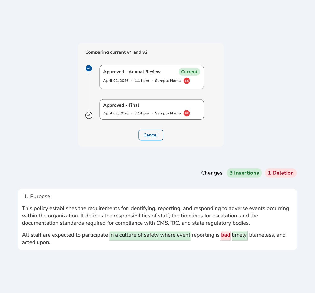 A version picker comparing v4 with v2 above a single policy paragraph shown as one inline redline, inserted language highlighted in green and deleted language struck through in red