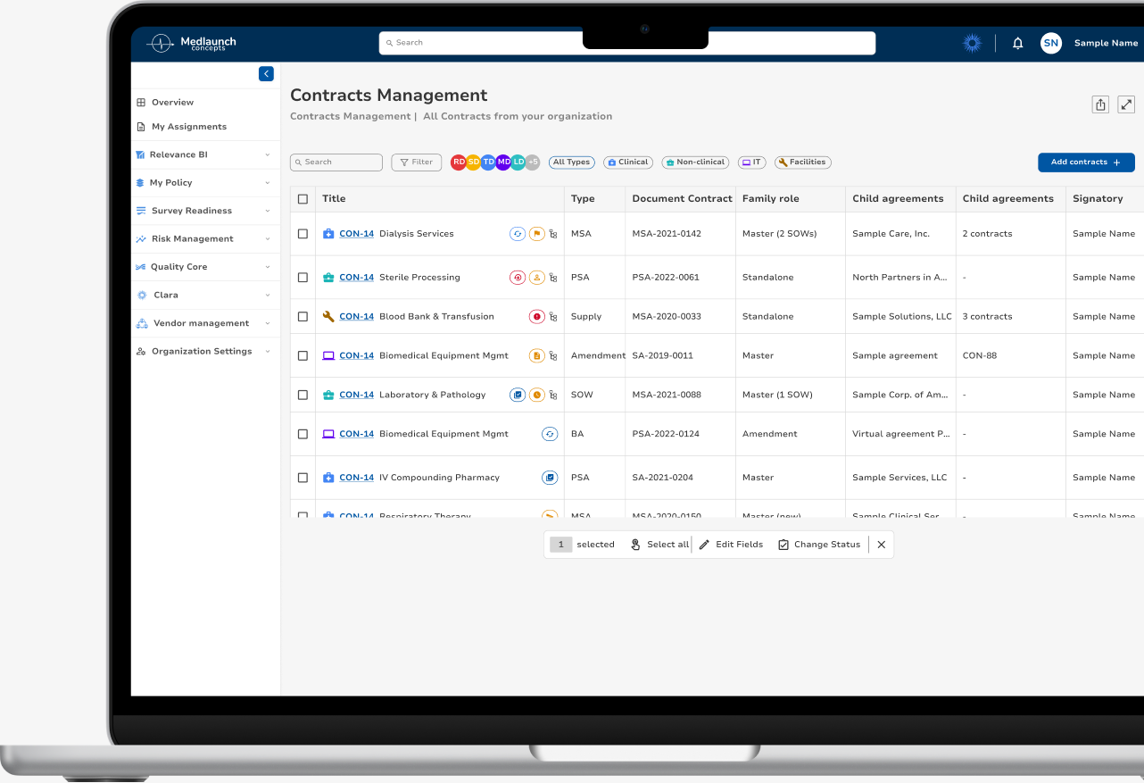 Contracts Management dashboard shown on a MacBook