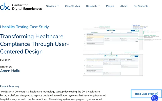 Opening of the Pratt Institute Center for Digital Experiences case study, showing the title and annotated screens from Medlaunch's survey scheduling interface.