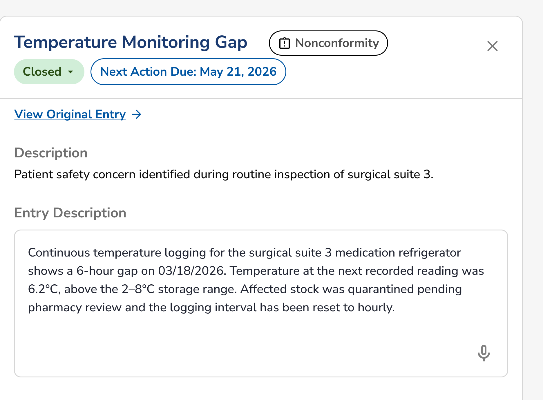 Nonconformity ticket in Medlaunch titled "Temperature Monitoring Gap", tagged Nonconformity and marked Closed with a next action date, above the internal-audit entry describing a six-hour temperature-logging gap on a surgical-suite medication refrigerator.