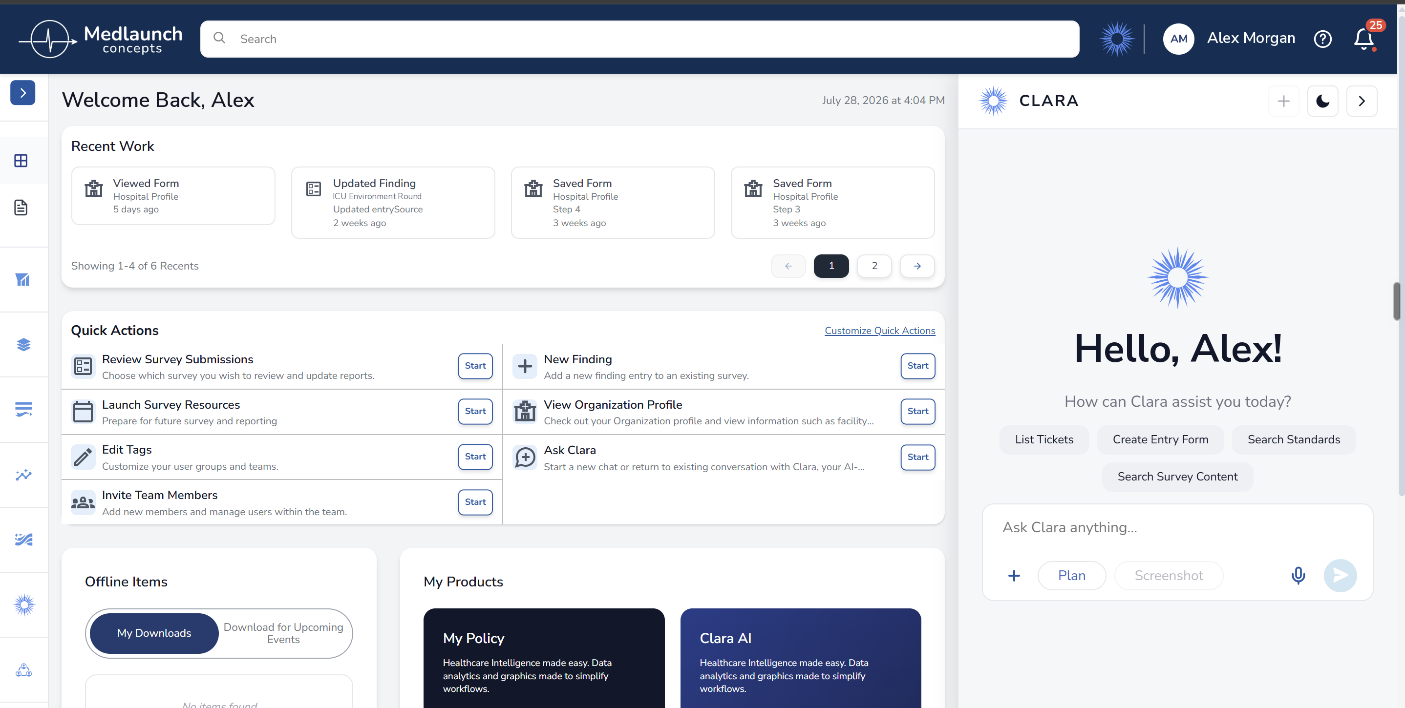Light Medlaunch dashboard with Clara's assistant panel open in its idle greeting state ("Hello, Alex! How can Clara assist you today?"), showing quick-action shortcuts and an "Ask Clara anything" input field.
