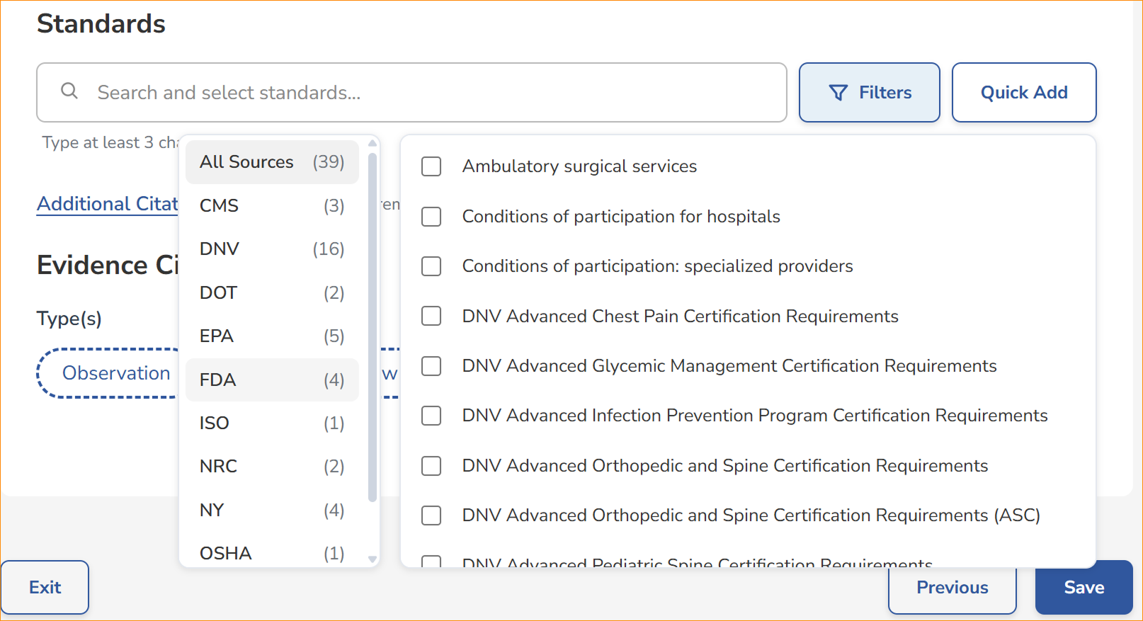 Light standards picker: a source filter (All Sources, 39, including CMS, DNV, DOT, EPA, FDA, ISO, NRC, NY, OSHA) beside a checkbox list of individual standards to select.