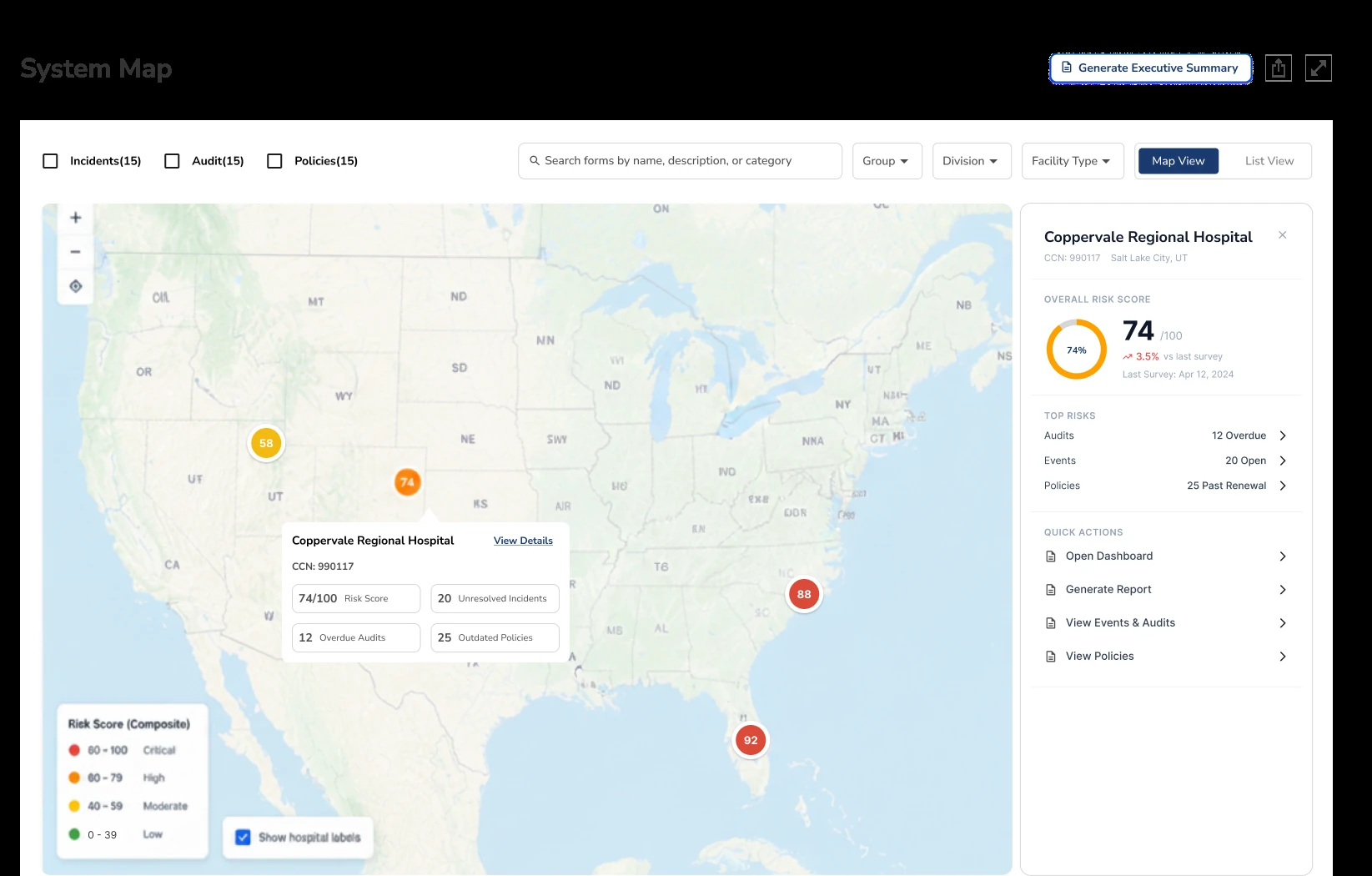System Map view of multiple facilities plotted by risk score on a US map, with Coppervale Regional Hospital's panel open showing its 74/100 risk score, overdue audits, open events, and outdated policies.
