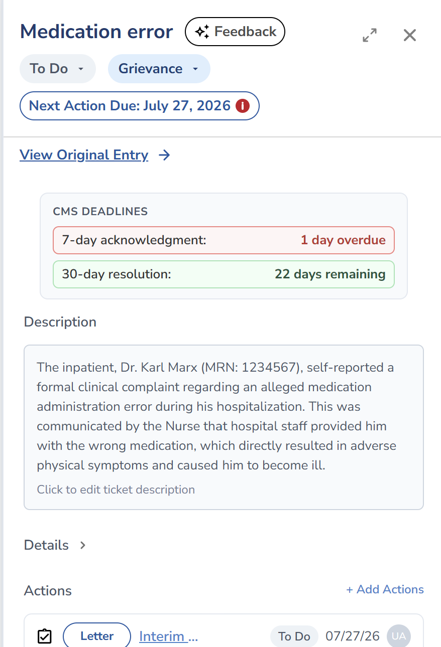 Grievance ticket detail view for an example "Medication error" complaint: To Do and Grievance status tags, a Next Action Due date, a CMS Deadlines panel showing a 7-day acknowledgment clock marked overdue and a 30-day resolution clock showing days remaining, a complaint description field, and an Actions list with an assigned follow-up letter.