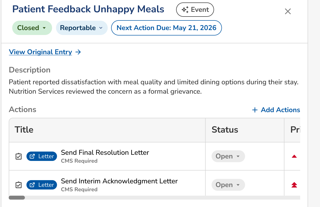 Light reportable-event detail panel: a patient-feedback event with Closed and Reportable status badges and a "Next Action Due" date badge, beside an Actions table of CMS-required follow-up letters and their status.
